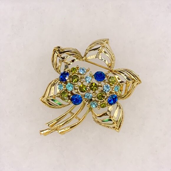 Blue Rhinestone Leaf Vtg Brooch Pin Gold Tone J163 - Picture 7 of 8